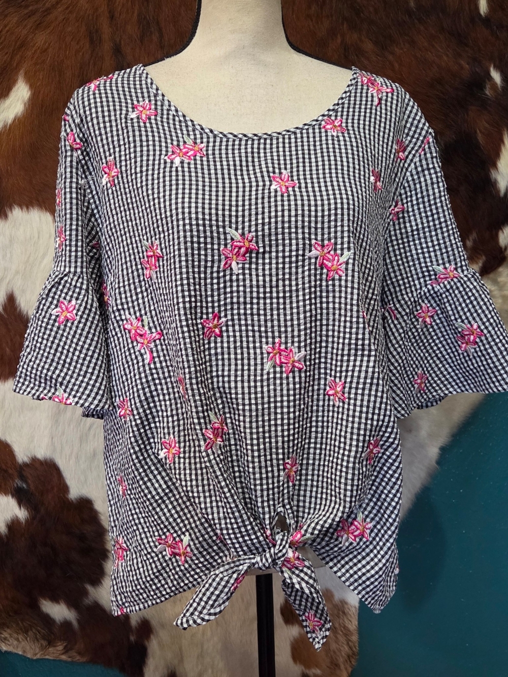 Hannah Black & White Gingham Tie-Front Top with Pink Floral Embroidery